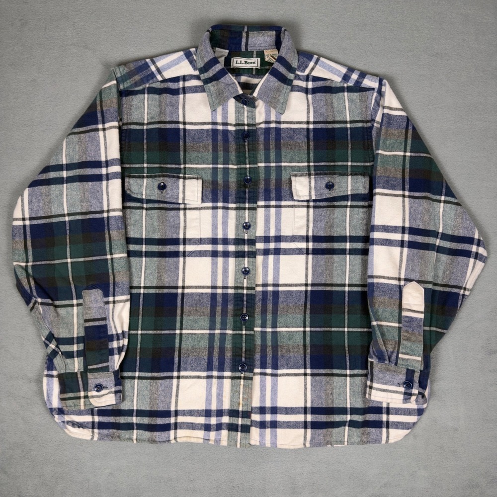 Vintage LL Bean Womens XL Flannel Shirt Blue Green Plaid Cotton Button‎ Down